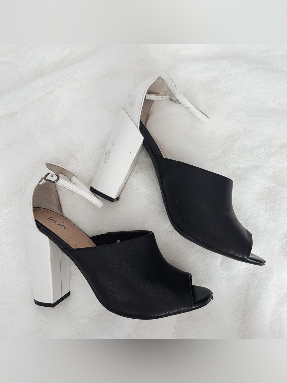 levity Black Open-Toe Block Heel Sandals with White Heel